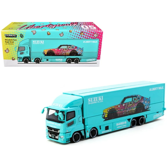 Mitsubishi Fuso Truck with Transporter Light Blue with Graphics 1/64 Diecast Model Car by Tarmac Works