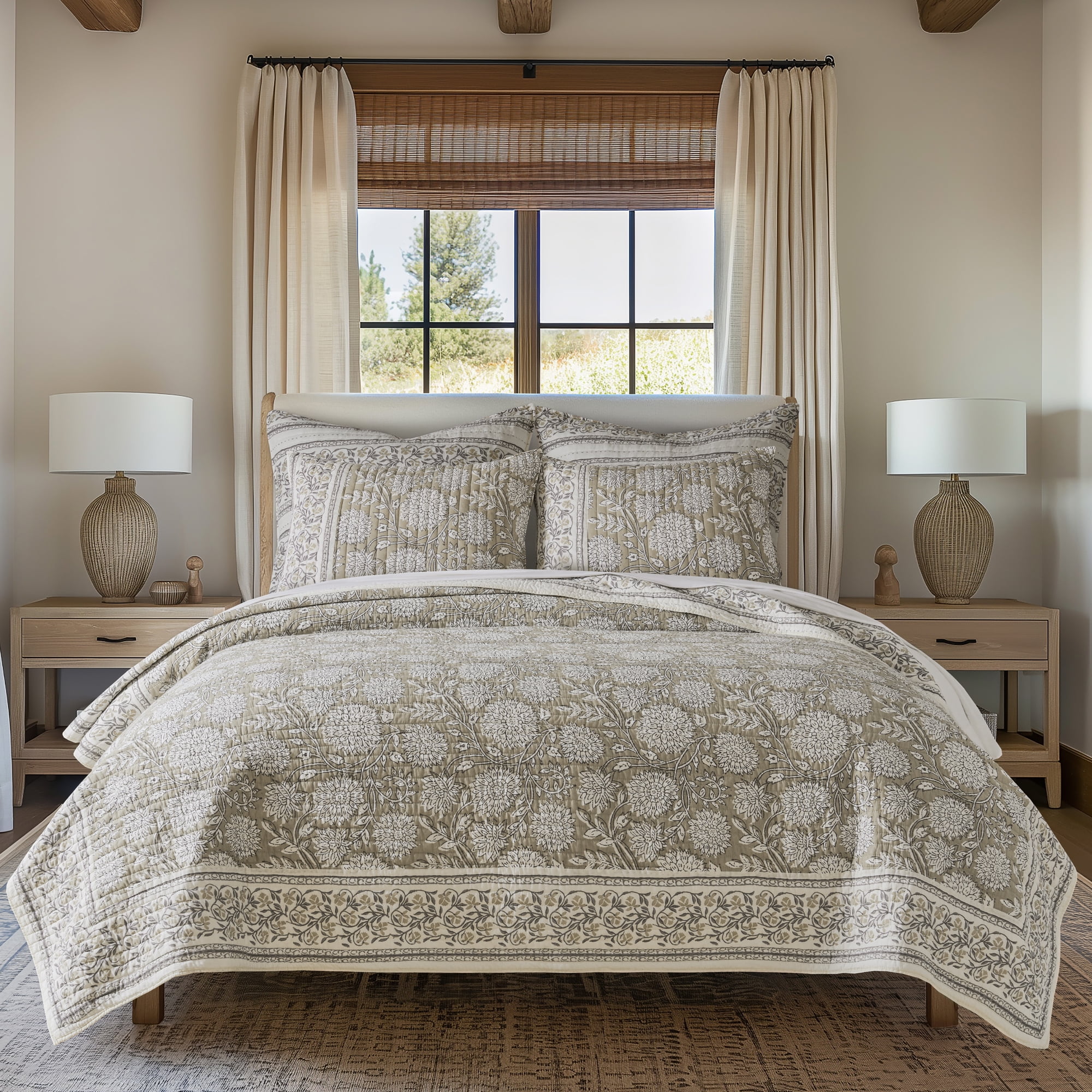 Levtex Home - Adare Taupe Quilt Set - Full/Queen Quilt and Two Standard Shams - Bordered Floral - Taupe, Grey and Cream - Quilt (88x92in.) and Shams (20x26in.) - Reversible - Cotton