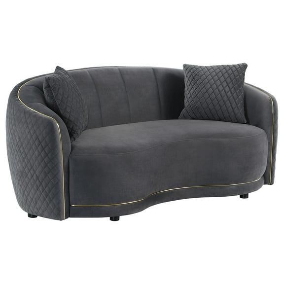 Buo Curved Loveseat, 73 Inch Dark Gray Polyester, Gold Trim, 2 Pillows