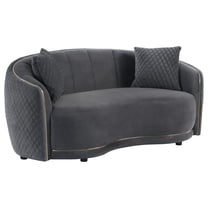 Buo Curved Loveseat, 73 Inch Dark Gray Polyester, Gold Trim, 2 Pillows