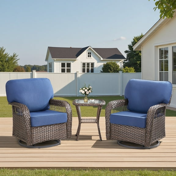Lumiinofami Outdoor Glider Rocker Patio Wicker Chairs and Side Table Set of 3,Upgraded Outdoor Rattan Swivel Rocking Chairs Patio Furniture Set with 5" Thick Cushions for Balcony Porch Garden,Blue
