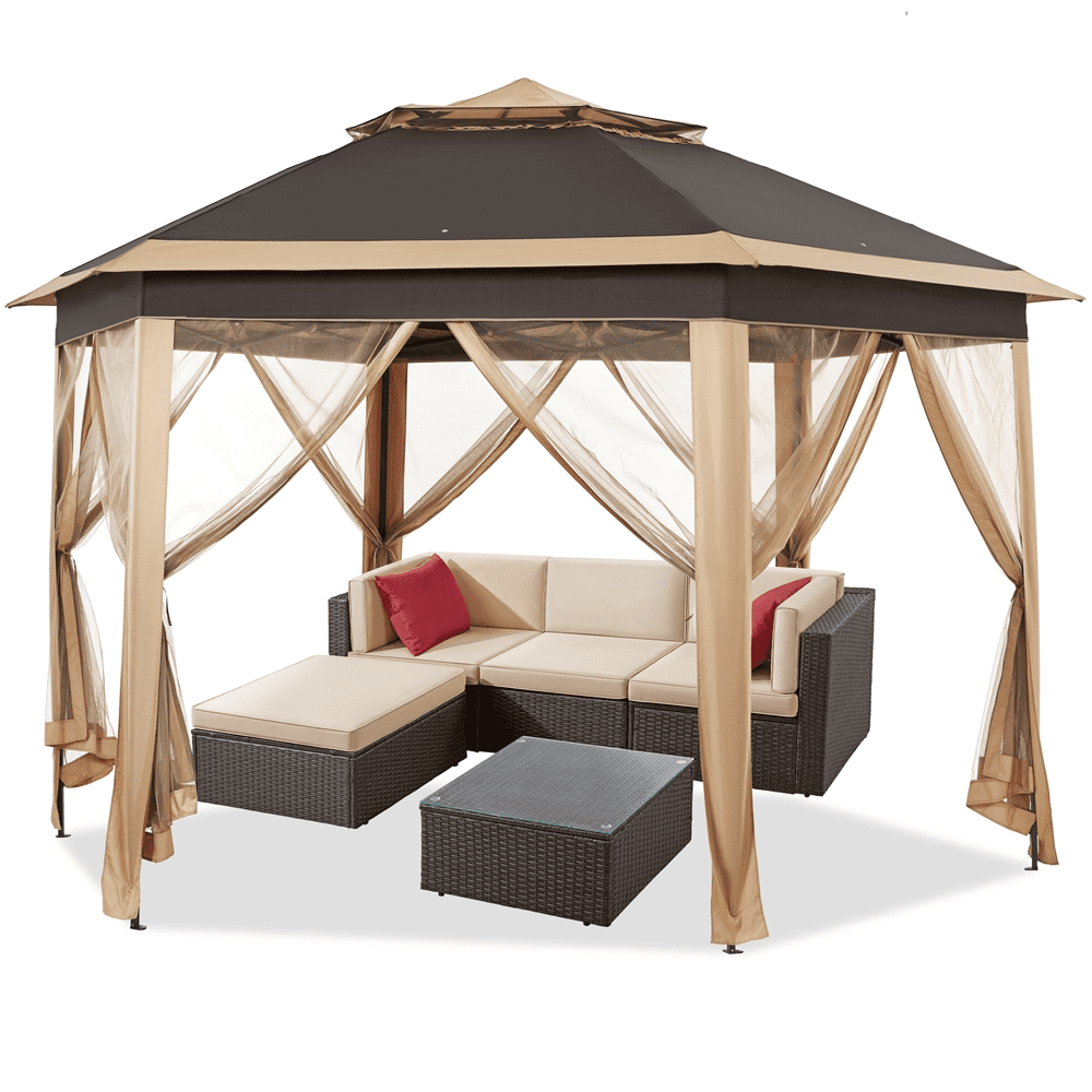 Alden Design Hexagonal Pop up Gazebo with Metal Frame and Mesh Netting, Khaki/Brown