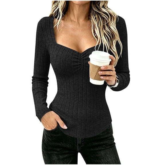Ribbed Long Sleeve Tops for Women, Fall Slim Fits Knit Pullover Shirt, Fashion V Neck Casual Elegant Tops