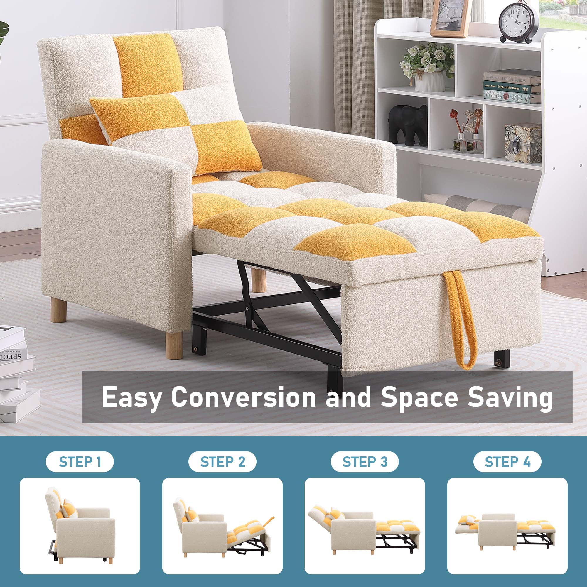 Aukfa Convertible Sleeper Chair Bed, Patchwork Pull Out Sofa Chair with Adjustable Backrest, Teddy  Beige/Yellow  (图3)