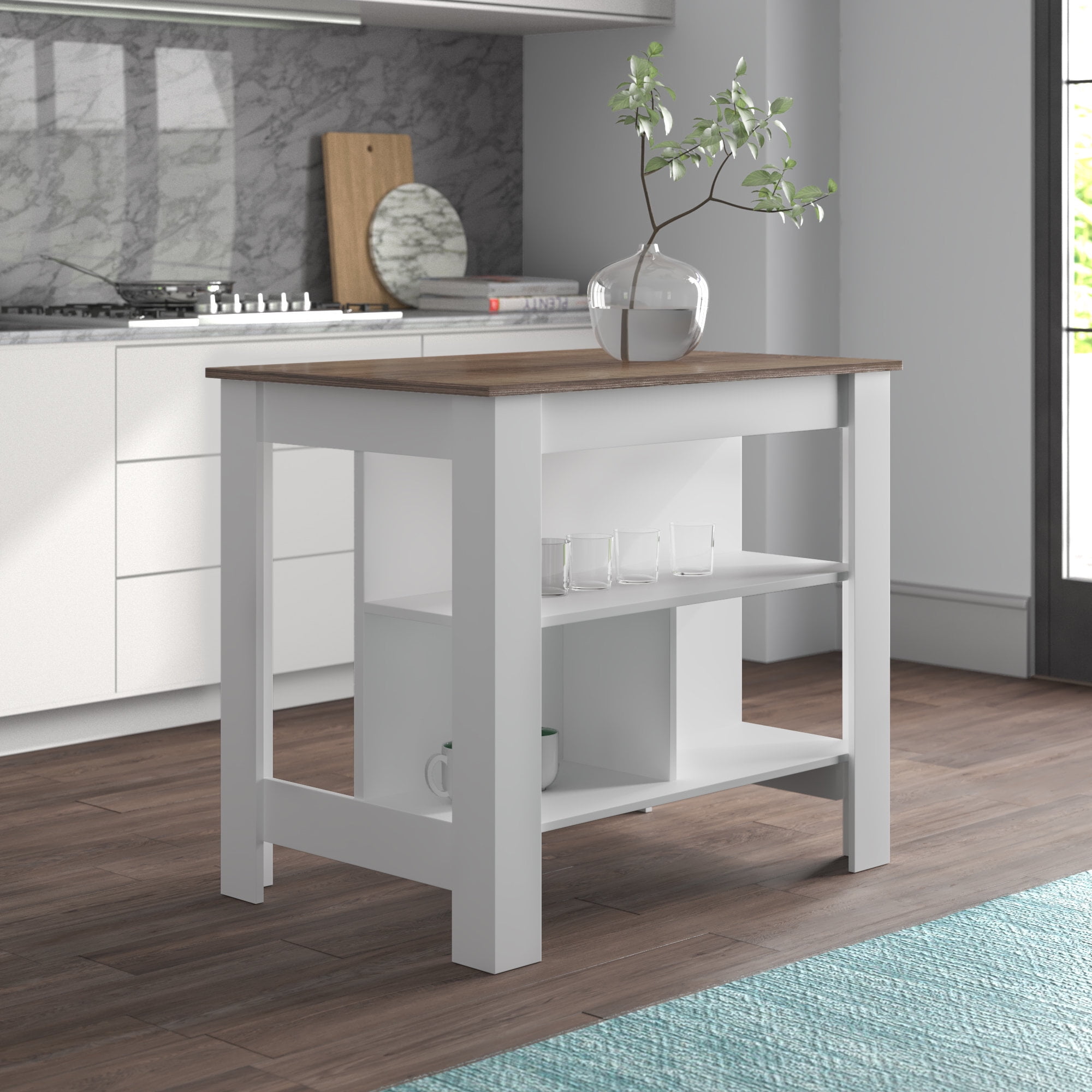 TUHOME Cala 3Shelf Wooden Casual Kitchen Island, White Base/Walnut Top