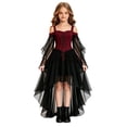 thumbnail image 2 of Girls' Halloween Gothic Off-Shoulder Lace Sleeve Party Dress, off-shoulder cut, lace mesh long sleeves, irregular high-low hem, Suitable For Halloween Parties, Themed Costume Events Red 7-8 Years, 2 of 7