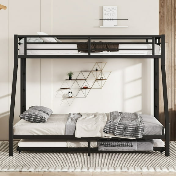 Twin XL Over Queen Bunk Bed with Trundle, Triple Sleeper Metal Bunk Bed, Space Saving Bunk Bed with 2 Ladders, Heavy Duty Steel Frame, Black