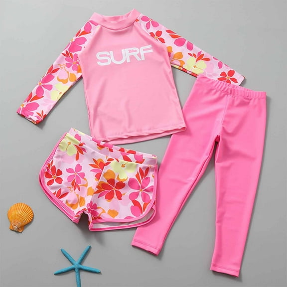 Quaouag Kids Girls Swimsuit UPF 50 3 Pieces Sun Protection Rash Guard Set Summer Beach Surfing Bathing Suit Pink M,L,XL,2XL,3XL,4XL