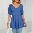 thumbnail image 2 of YYDGH Women's V- Neck Solid Color Short Sleeve Lapel Tops Blue S, 2 of 5
