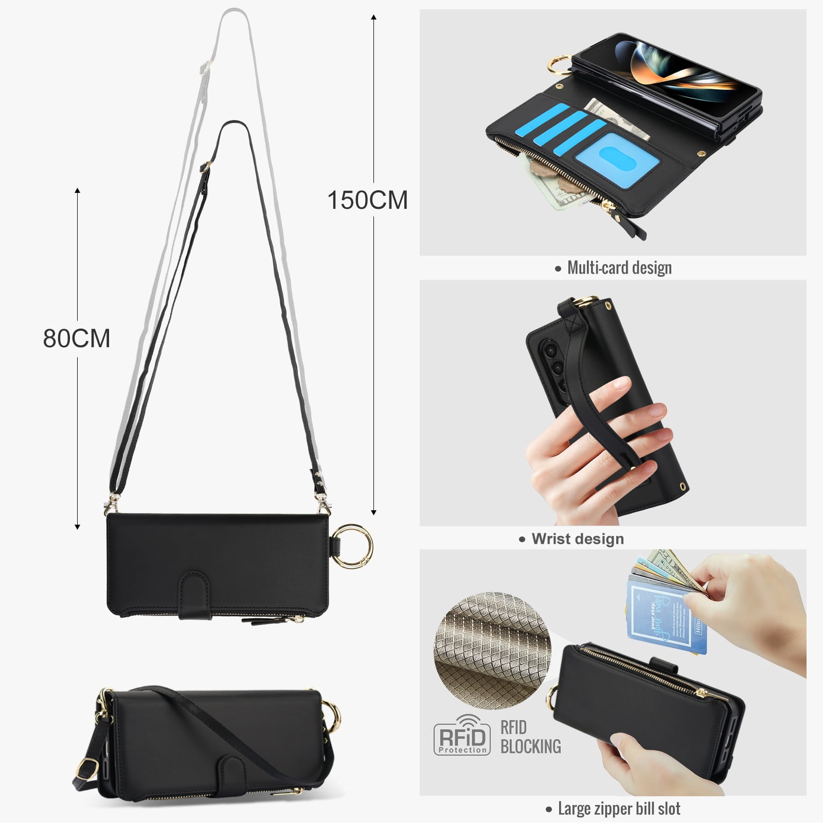 ELEHOLD For Samsung Galaxy Z Fold 4 Phone Case Leather Crossbody Zipper Card Wallet Flip Case Kickstand Cover, with Ring Holder,Full Body Protection-Black