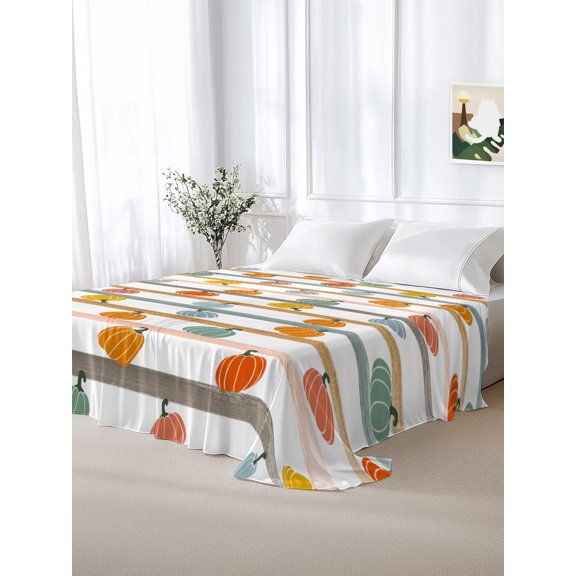 California King Size Flat Sheet Only,Colorful Pumpkins Fall Thanksgiving Stripes Soft Top Bed Sheets Breathable Bedding Sheet Farm Harvest Microfiber Hotel Luxury Top Sheets