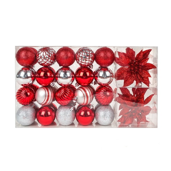 Christmas Ornaments, Assorted Colors, 2 inches (Set of 40), Red Poinsettia Flowers (Set of 4)