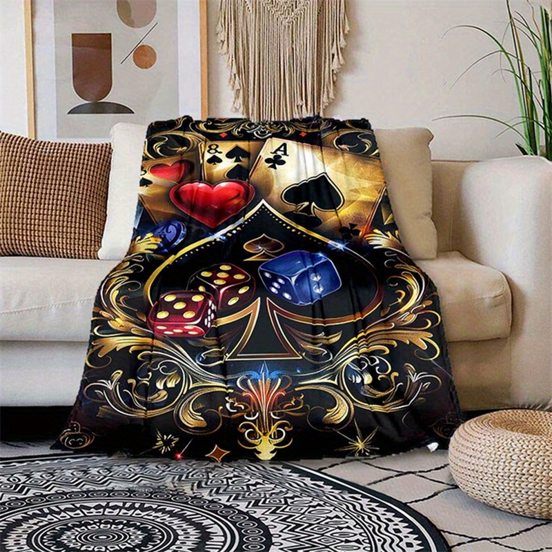 Vintage Poker and Dice Blanket 85.04inch Retro Plush Throw Warm & Lightweight Multipurpose Sofa Bed Travel Picnic Mat Non-Woven Red Longest Side Over 70.87inch