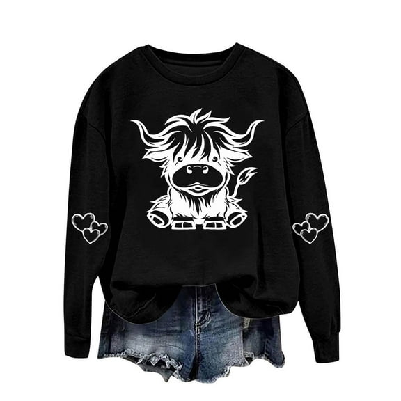 successthop Sweatshirts for Women Western Cow Crewneck Long Sleeve Sweater Pullover Tops Casual Print Stylish Outwear