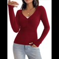 thumbnail image 1 of Camisa de Larga para Mujer, Cuello en V, Botones, Punto Acanalado, Corte Entallado, Informal, Básica, para y Otoño Vino Tinto L, 1 of 9