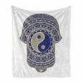 thumbnail image 1 of Hamsa Soft Flannel Fleece Throw Blanket, Japanese Style with Ying Yang Sign Mysticism, Cozy Plush for Indoor and Outdoor Use, 50" x 60", Royal Blue and Cream, by Ambesonne, 1 of 6