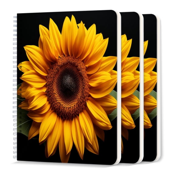 Spiral Notebook,College Ruled Journal,8.26" x 5.71" 50 Sheets/100 Pages,3 Pack - Beautiful Sunflower Against Black Background, Viewed From Above