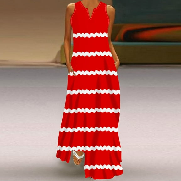 HOMBOM Sleeveless A-Line Dress for Women Red Maxi Dresses for Women V-Neck Striped Flowy Dresses for Women Evening M