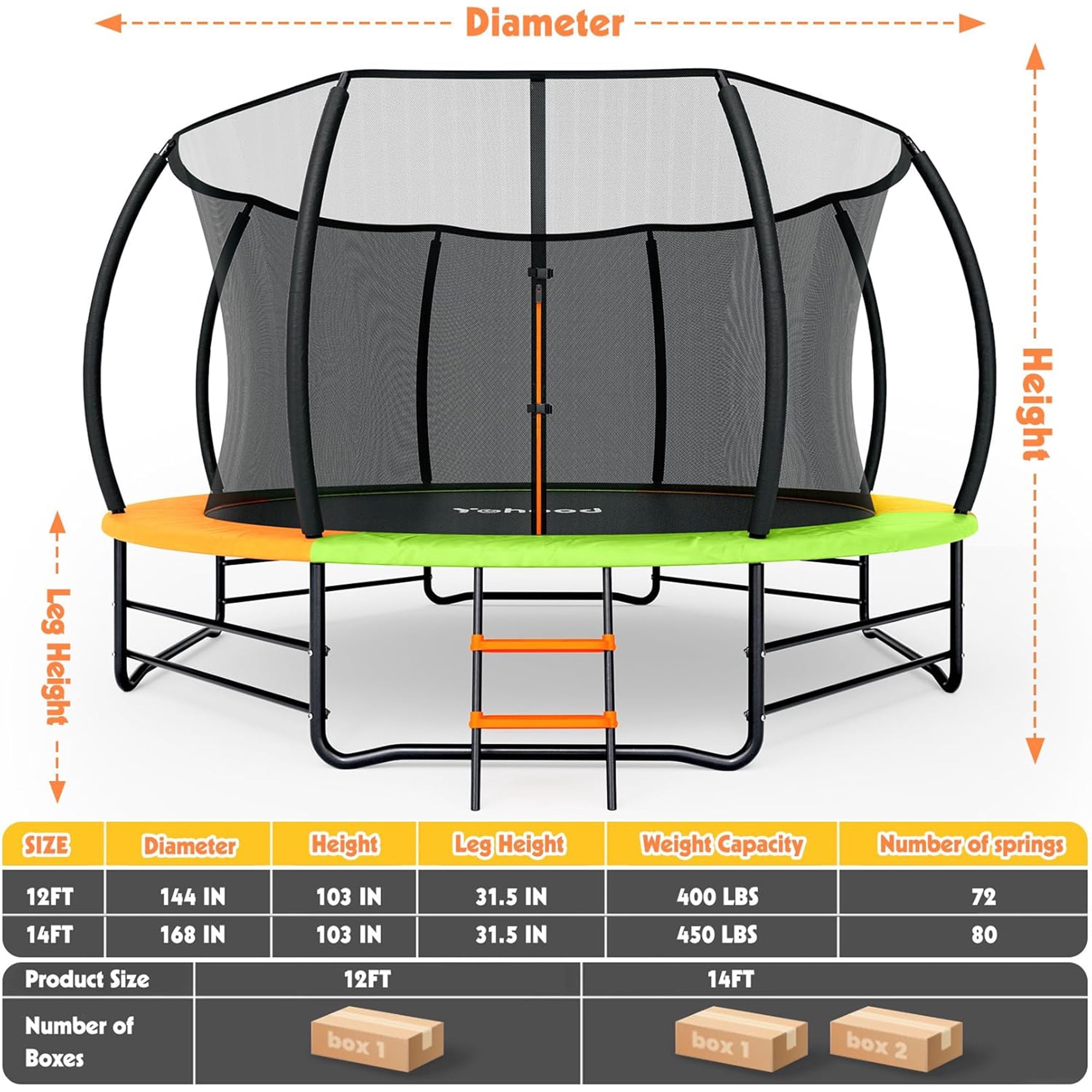 Toremore 14FT Trampoline Outdoor , Recreational Trampolines with Enclosure Net and Ladder, with Additional 8 Stabilizer Bars and Anti-Rust Coated Galvanized Frame