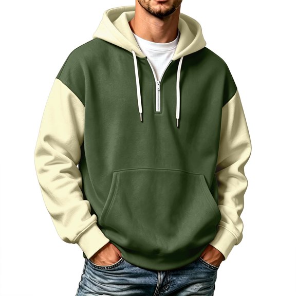 Bainana Half Zip Hoodies For Men Long Sleeve Casual Hoody Color Block Hooded Tops Streetwear Fall Outfit Size L
