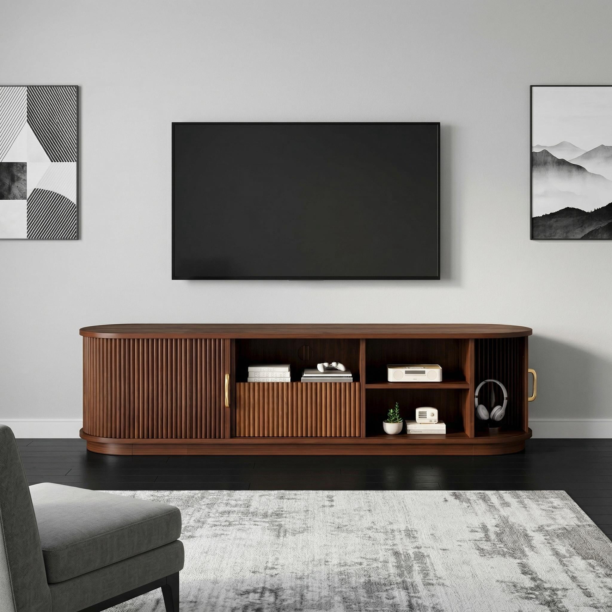 Homy Casa TV Stand for TVs up to 75", Fluted Sliding Door Entertainment Center with Adjustable Shelves