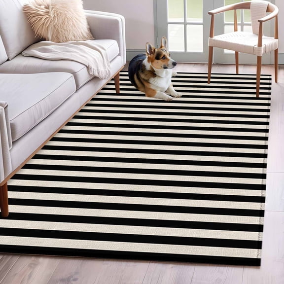 Area Rug for Living Room, Black Striped Non-Slip Indoor Large Carpet for Bedroom/Dining Room, Modern Simple Farmhouse Beige Vintage Washable Low-Profile Rectangle Floor Mat Runner Rugs - 2.7 x 5 Ft