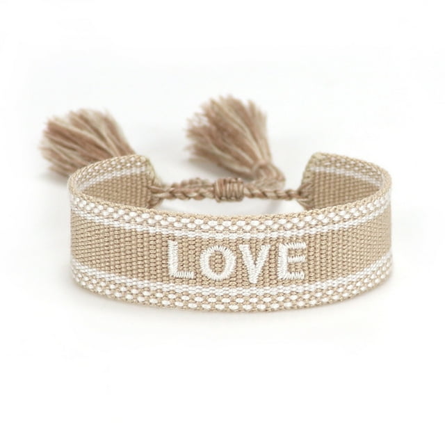 kurtrusly Bracelets Adjustable Handwoven With Embroidered Character Detail Manual Edge Locking Adjustable Rope Khaki love