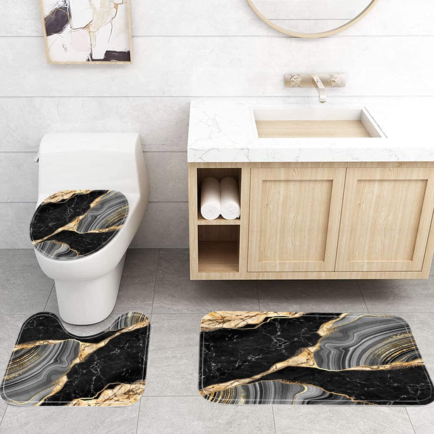 4 Pcs Black Marble Shower Curtain Sets with Rugs Gold Bathroom Sets with Shower Curtain and Rugs Modern Abstract Bathroom Decor Accessories Shower Curtains for Bathroom Toilet Lid Cover