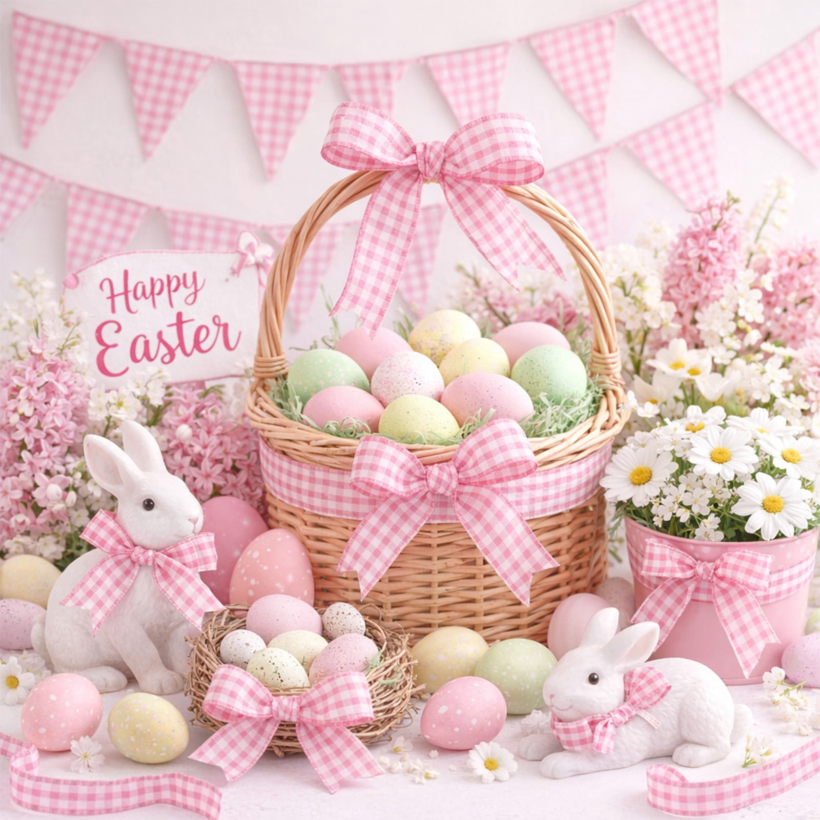 DAMAI Easter Wired Edge Ribbon Spring Floral Bunny Wired Ribbon Watercolor Easter Rabbit Flower Fabric Craft Ribbon for Gift Wrapping Floral Arrangement Wreath Bow DIY Crafts