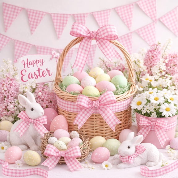 QuanTara Easter Bunny Ribbon, Pink 2.48in x 5 Yards Polyester Craft Ribbon for Gift Wrapping, Bows, Floral Arrangements & Wreath Decorations