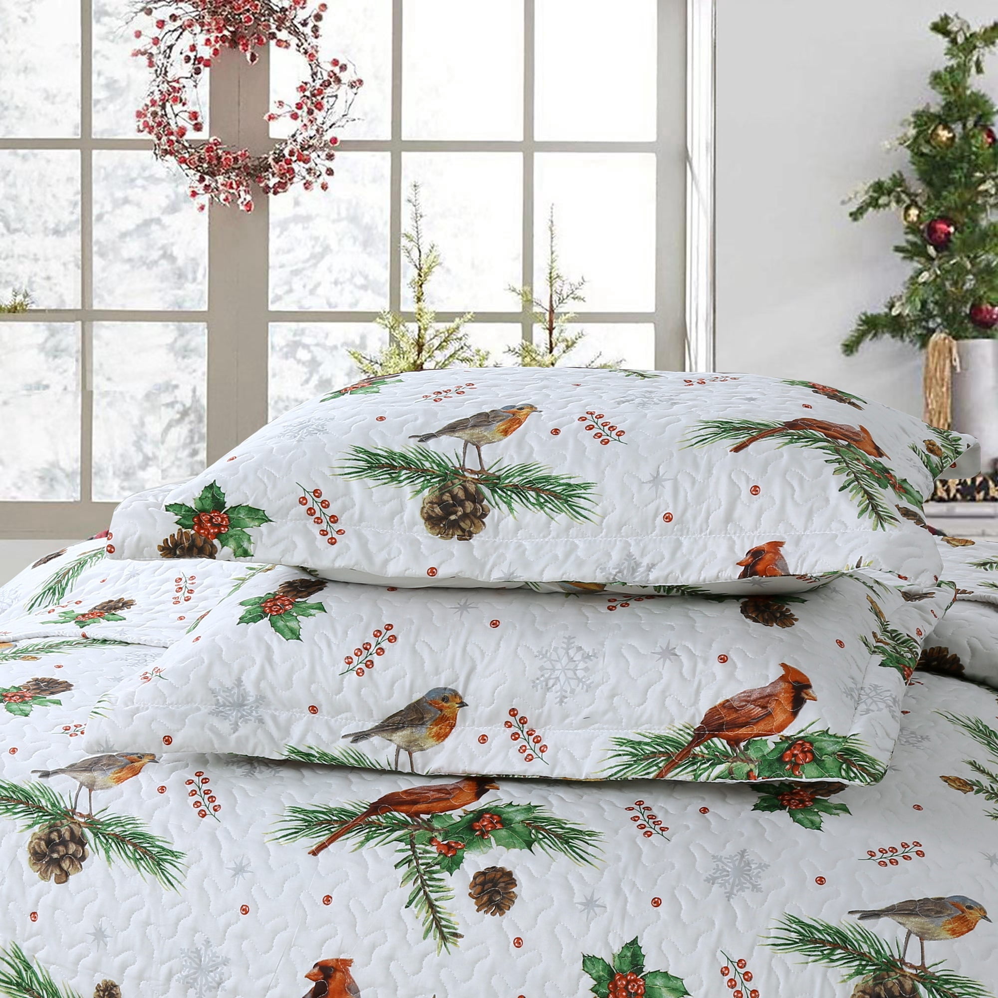 3 Pcs Winter Cardinals Christmas Quilt Bedspread Set Holiday Bedding