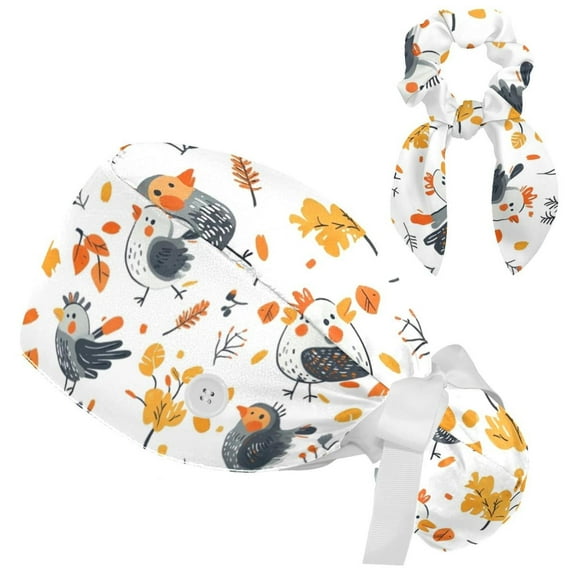 RATGDN Bird Tie Scrub Cap for Women Men, Nursing Hats with Buttons and Sweatband, Adjustable Elastic Working Caps Surgical Cap with Hair Bow - One Size Fits All