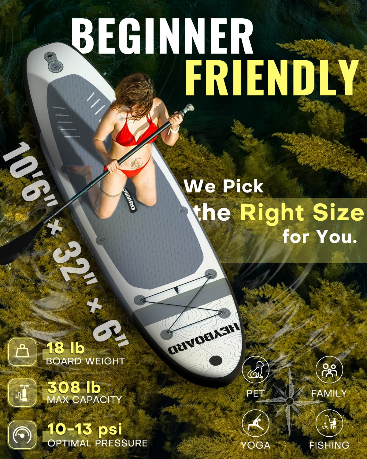 10'6" Inflatable Stand Up Paddle Board for Adults, Non-Slip EVA, Camera Mount, Gray