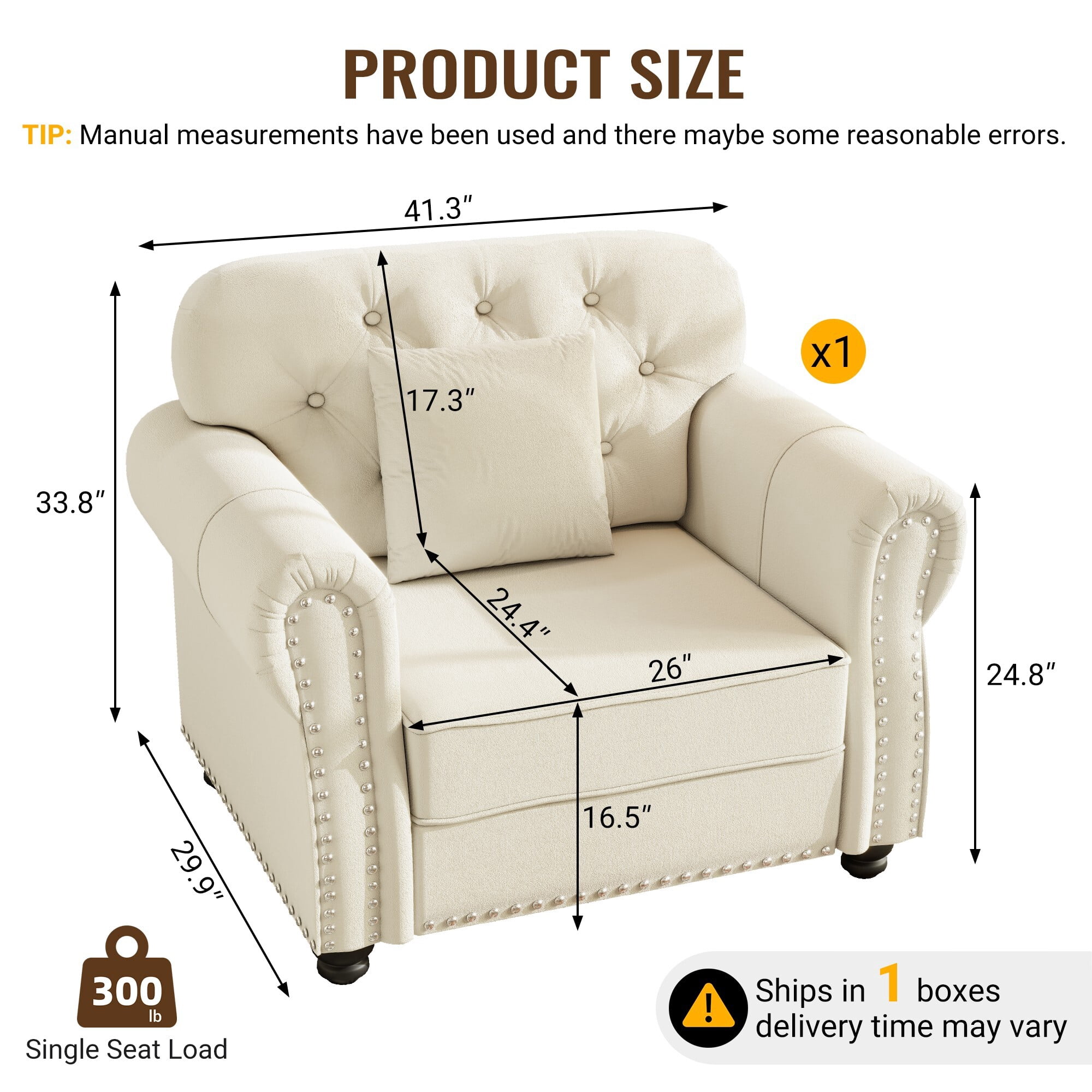 AENKYO 41.3" Chesterfield Velvet Accent Chair, Tufted Single Sofa with Nailhead Trim and Rolled Arms, Beige