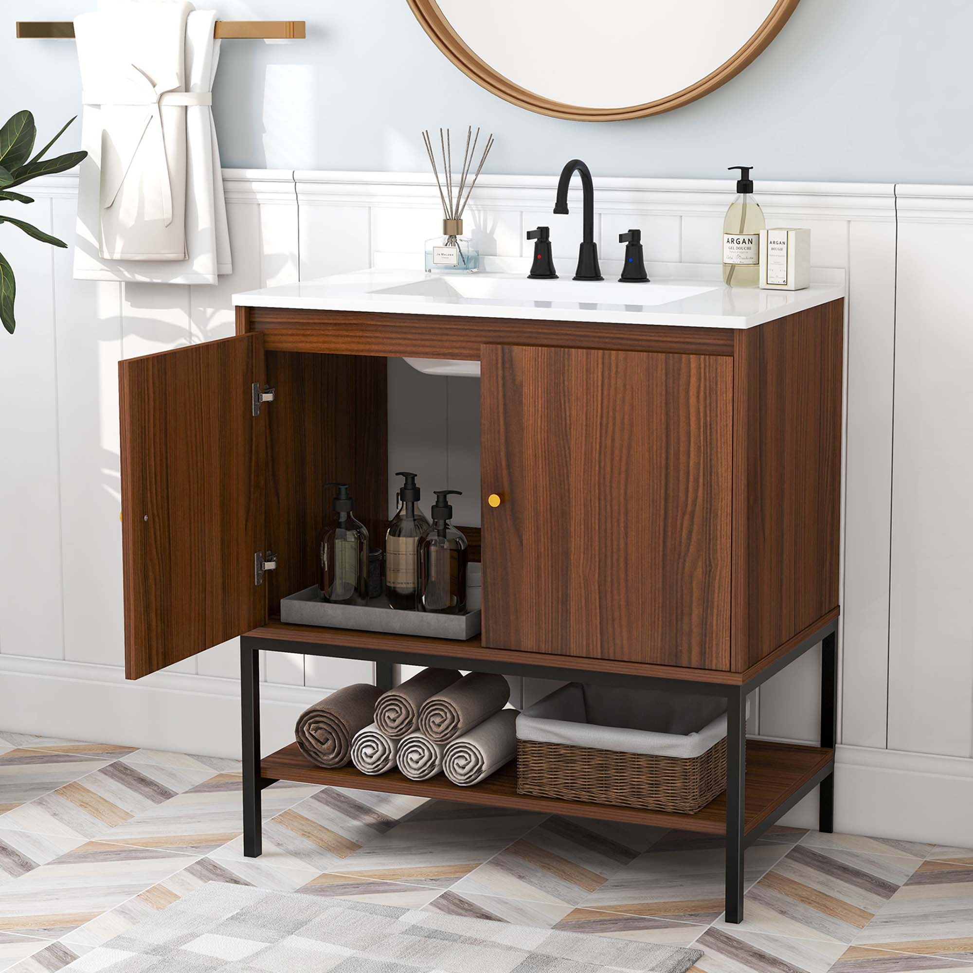 Costway 31" Bathroom Vanity Sink Combo Wooden Bathroom Storage Cabinet with Doors Walnut