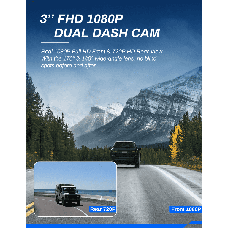 Crosstour Dash Cam,Front and Rear 3” Dual Car Camera 1080P,External GPS  Supported,Sony Sensor,32GB Max,Black