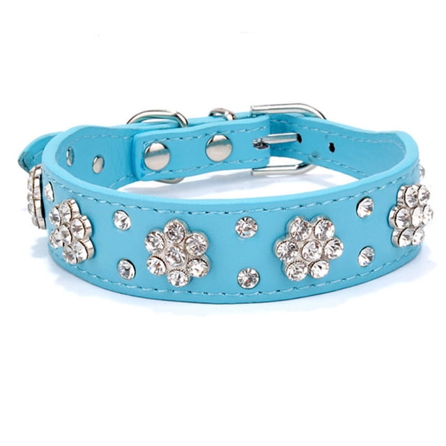 Lindo collar para perro y gato con diamantes de imitación de flores, collar brillante de cuero PU