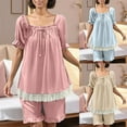 thumbnail image 6 of FAIWAD Womens Pajamas 2 Piece Lace Patchwork Pjs Ruffle Short Sleeve Tops and Shorts Sleepwear Casual Sets Homewear, 6 of 6