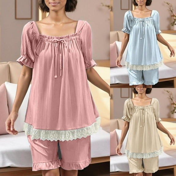Fall Saving! HVOBTTY Women's Camisole and Shorts Pajama Sets, Pajama Sets for Women, Women's Casual White Lace Hem Short Sleeve and Shorts Homewear Pajama Sets Beige, XL