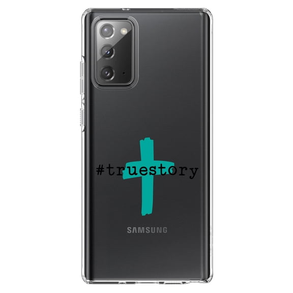 DistinctInk Clear Shockproof Hybrid Case for Galaxy Note 20 ULTRA (6.9" Screen) - TPU Bumper Acrylic Back Tempered Glass Screen Protector - #truestory - Cross - Christian - Teal