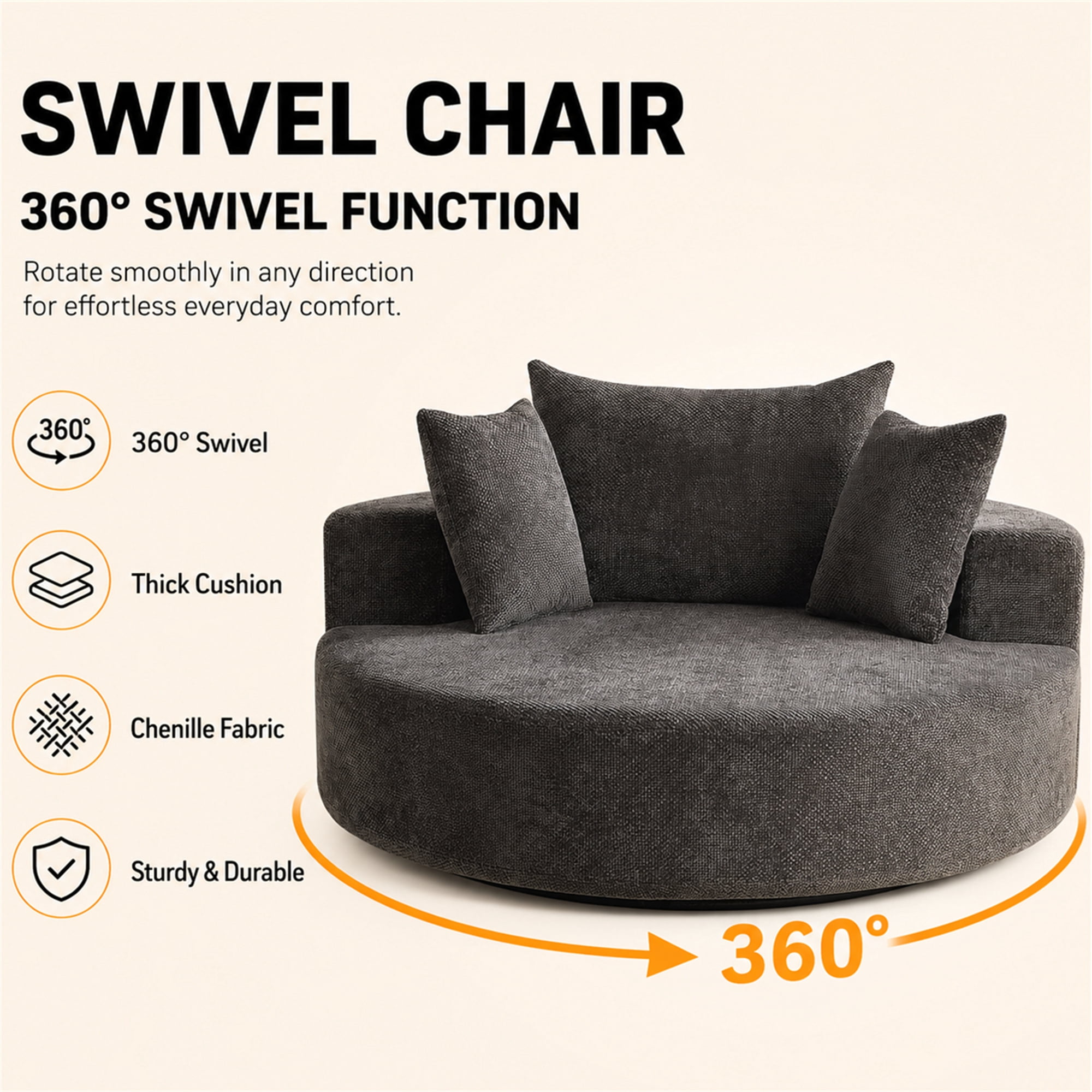 Aukfa 55 in Swivel Accent Chair, Oversized Round Cloud Sofa Chair for Living Room Bedroom, 3 Pillows, Chenille, Black