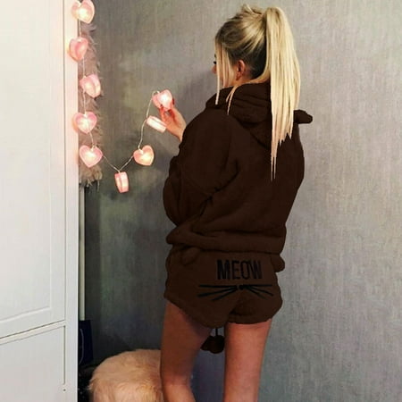 

Women Plush Pajamas Set Thick Hoodie Long Tops+Embroidery Shorts Sleepwear Homewear XL 12