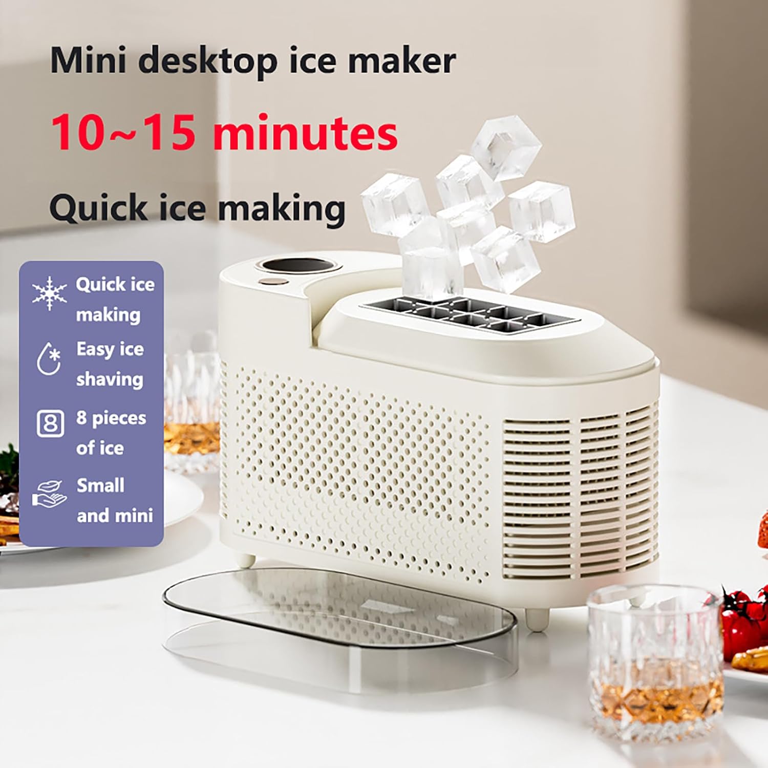 Mini Ice Maker Countertop, Portable Compact Ice Machine, 8 Ice Cubes in 10 Mins, Small Nugget Ice Maker with Car Adapter, Quiet Bullet Ice Maker, for Home, Kitchen, Office, Camping
