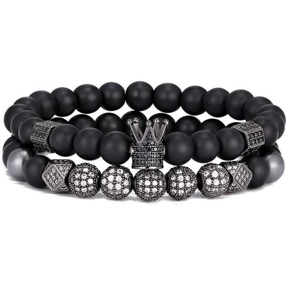 8MM Crown King Bracelet for Men Natural Black Matte Onyx Stone Beads Wristband Father's Day Birthday Jewelry Gifts 7.5" Women Charm Bangle