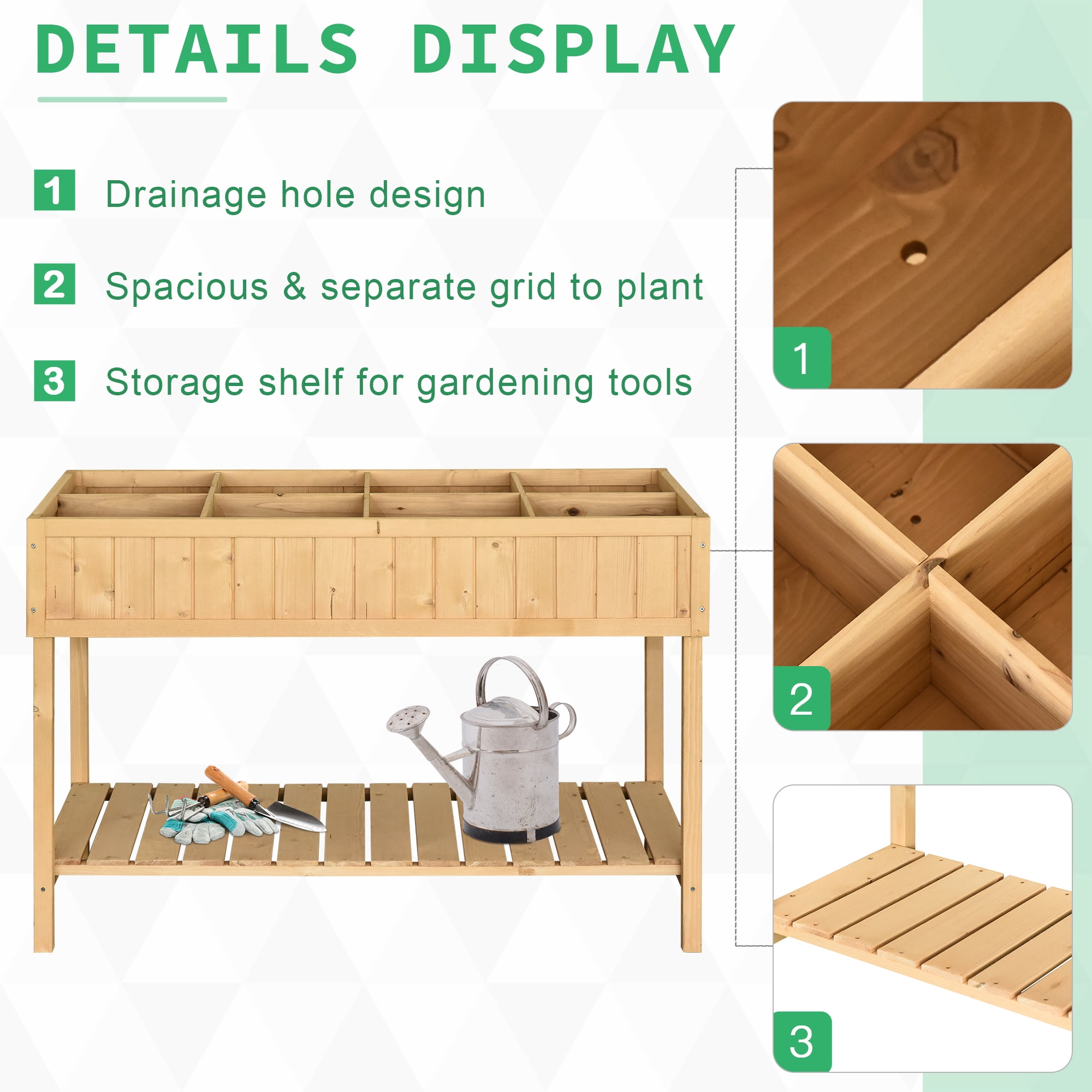 Raised Garden Bed with 8 Pockets and Shelf, Wooden Elevated Planter Box with Legs to Grow Herbs, Vegetables, and Flowers, Natural 43x18x30"