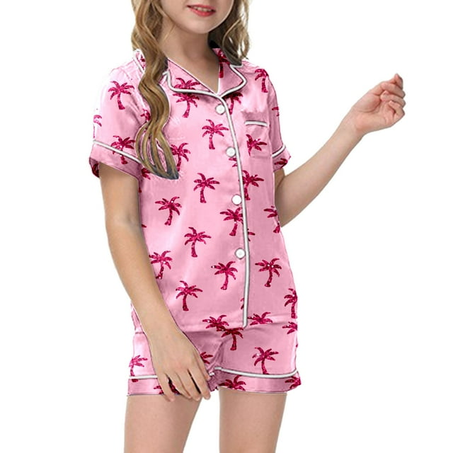 Pyjama en Soie Filles Imprimé Manches Courtes Boutonné Ensemble de Nuit Ensemble de Pyjama Mode pour Filles Pyjama Filles Garçons Mode Filles
