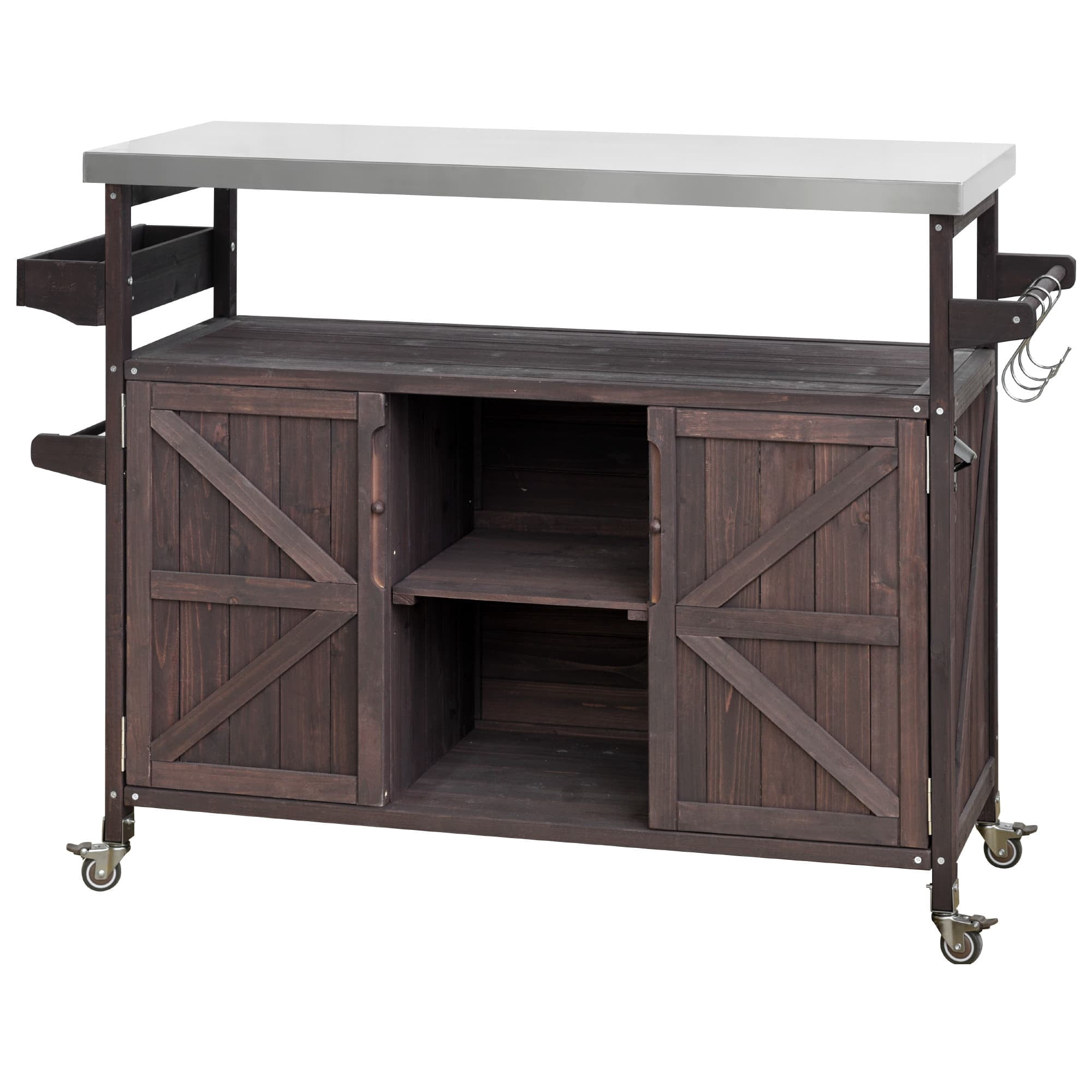 MAYEERTY Outdoor Kitchen Island - Solid Wood Grill Table, Stainless Steel Top, Dark Brown