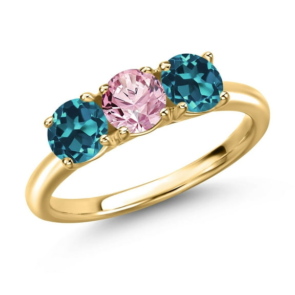 Gem Stone King 18K Yellow Gold Plated Silver Pink Lab Grown Diamond and London Blue Topaz Engagement Ring for Women | 1.90 Cttw | Round 5MM | Gemstone April Birthstone | Size 8