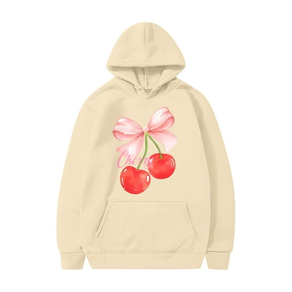 Womens Cute Cherry Graphic Hoodie Ribbon Bow Printed Sweatshirt Drop Shoulder Aesthetic Pullover Hoodies With Pocket 01-Beige M