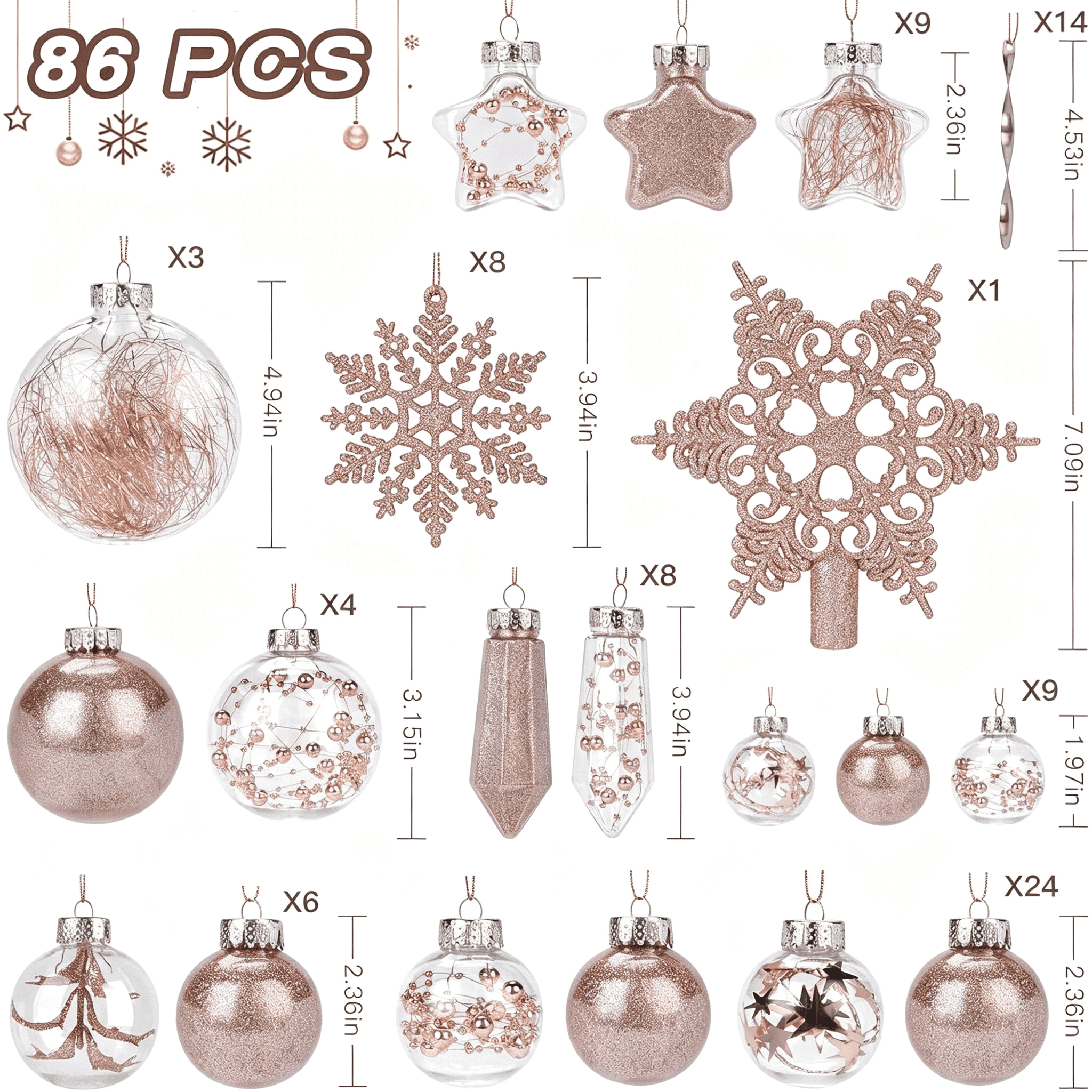 86PCS Christmas Tree Ornaments Clear Set, Shatterproof and Clear Plastic Baubles for Xmas Tree Decor, Holiday Wedding Party Decoration, Champagne